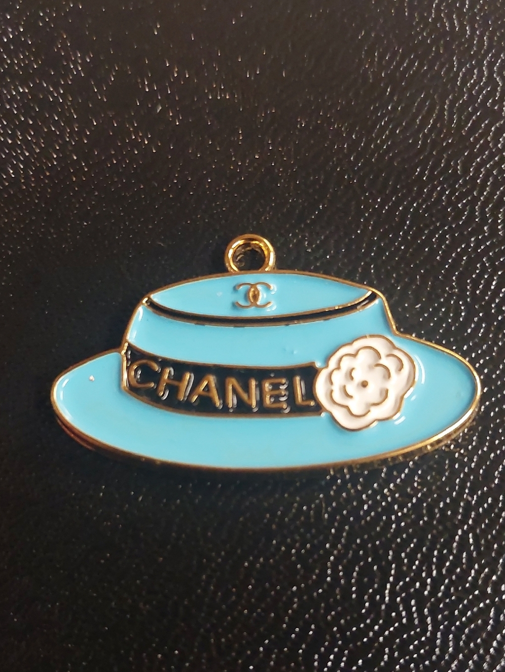 CC Turquoise Enamel Hat Charm Pendant with White Camellia